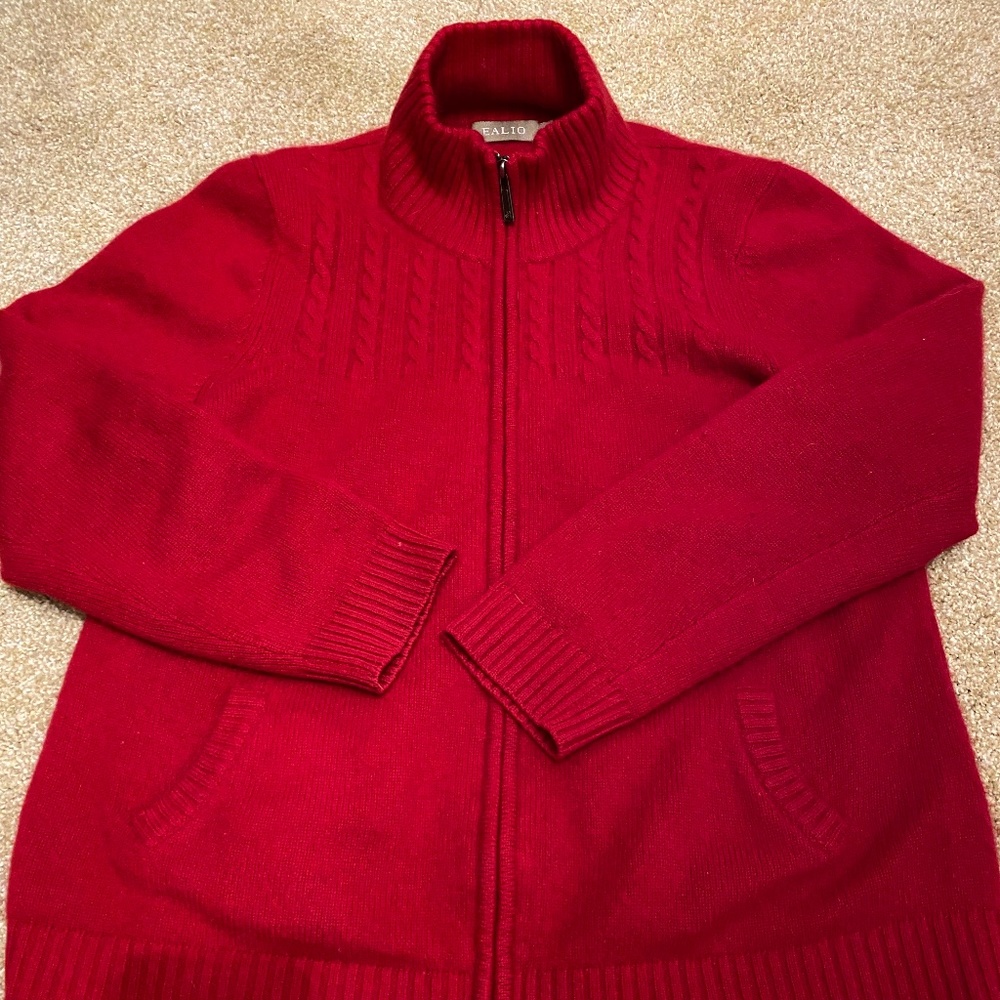 Red cashmere zip cardigan w pockets